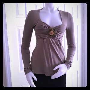 Vertigo Taupe Jeweled Stretch Top Shirt S
